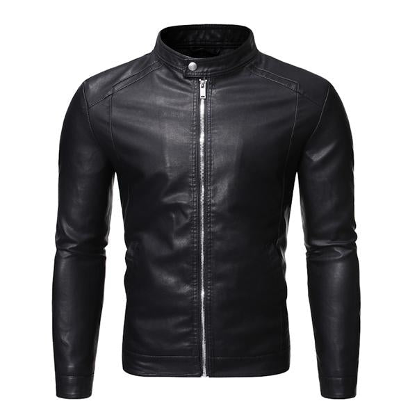 Men's Leather Jacket | Stand Collar | Soft Leather | Long Sleeve | Zip Closure | Solid Color | Windproof | Durable | Retro Style | Handmade Craftsmanship | Formal and Casual Wear