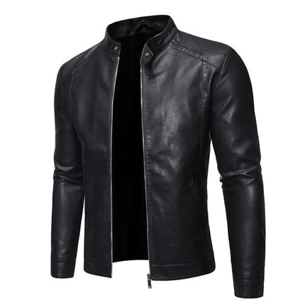 Men's Leather Jacket | Stand Collar | Soft Leather | Long Sleeve | Zip Closure | Solid Color | Windproof | Durable | Retro Style | Handmade Craftsmanship | Formal and Casual Wear