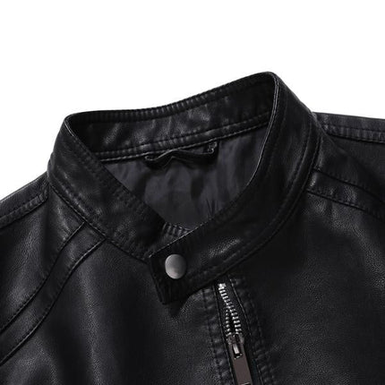 Men's Leather Jacket | Stand Collar | Soft Leather | Long Sleeve | Zip Closure | Solid Color | Windproof | Durable | Retro Style | Handmade Craftsmanship | Formal and Casual Wear