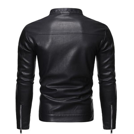 Men's Leather Jacket | Stand Collar | Soft Leather | Long Sleeve | Zip Closure | Solid Color | Windproof | Durable | Retro Style | Handmade Craftsmanship | Formal and Casual Wear