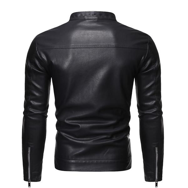 Men's Leather Jacket | Stand Collar | Soft Leather | Long Sleeve | Zip Closure | Solid Color | Windproof | Durable | Retro Style | Handmade Craftsmanship | Formal and Casual Wear