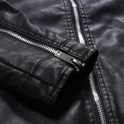 Men's Leather Jacket | Stand Collar | Soft Leather | Long Sleeve | Zip Closure | Solid Color | Windproof | Durable | Retro Style | Handmade Craftsmanship | Formal and Casual Wear