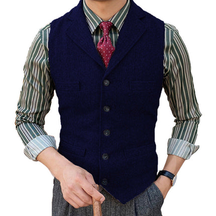 Men's Wool Blend Vest | Vintage Style | Single Breasted with Lapel | Slim Fit | Charcoal Navy Herringbone Patterns | Smart Casual Formal Wear | Adjustable Back | Functional Pockets | Year-Round Outerwear