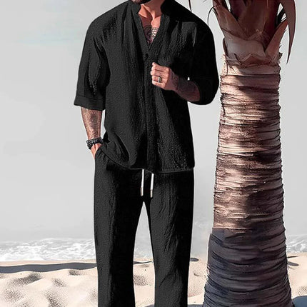 Men's Casual Solid Color Shirt & Trousers Set | Loose Fit | Half Sleeve | Breathable Fabric | Versatile Outfit for Spring, Summer, Fall | Perfect for Beach, Vacations, Picnics | Style & Comfort