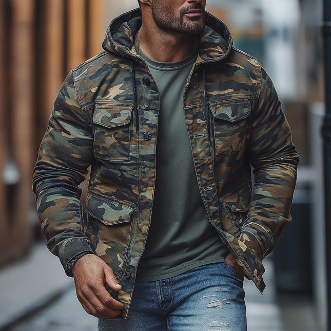 Men's Camouflage Hoodie | Outdoor Multi-Pocket Jacket | Single-Breasted Design | Military Inspired | Casual Fit | Adjustable Features | Durable Breathable Fabric | Versatile Styling | Ideal for Hiking Camping