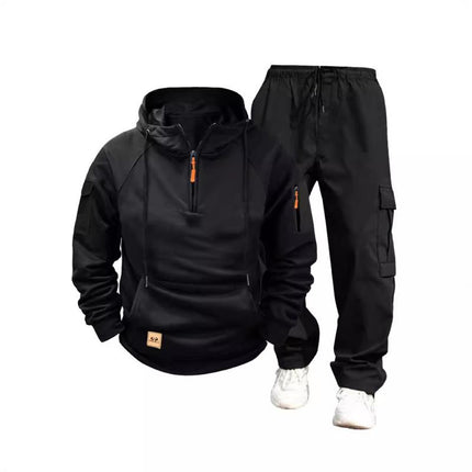Men's Activewear Set | Hooded Sweatshirt with Long Sleeves & Kangaroo Pocket | Cotton Blend Cargo Pants with Drawstring & Multiple Pockets | Solid Color | Relaxed Fit | Ideal for Casual & Outdoor Wear