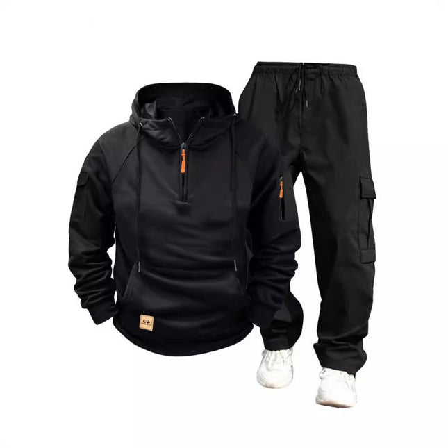 Men's Activewear Set | Hooded Sweatshirt with Long Sleeves & Kangaroo Pocket | Cotton Blend Cargo Pants with Drawstring & Multiple Pockets | Solid Color | Relaxed Fit | Ideal for Casual & Outdoor Wear