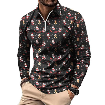 Men's Long Sleeve Polo Shirt | Retro Christmas Floral Print | Lapel Collar | Blended Fabric | Regular Fit | All Season Apparel | Multiple Sizes Available