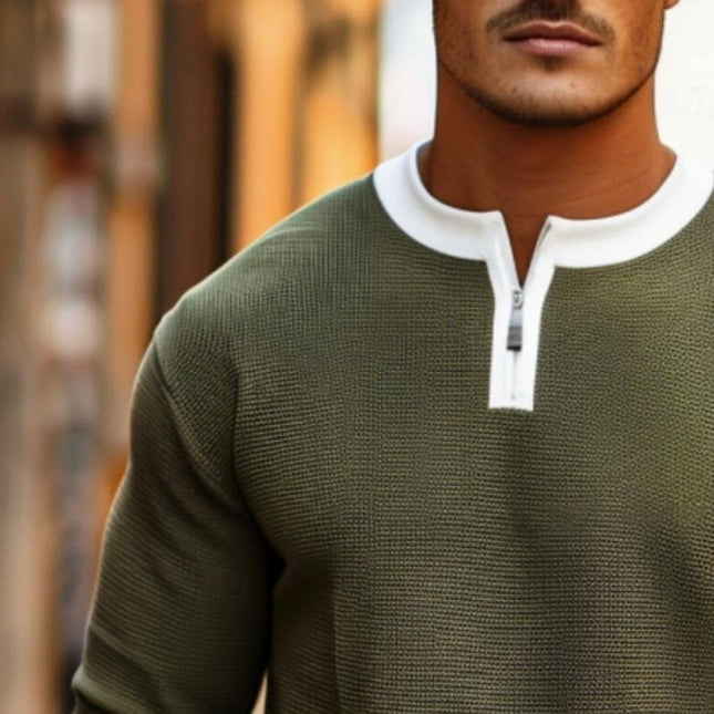 Men's Casual Colorblock Crewneck Sweater | Relaxed Fit | Partial Zipper | Full-Length Sleeves | Ribbed Cuffs | Cotton-Polyester Blend | Bold Contemporary Design | Lightweight Warmth | Ideal for Fall and Winter