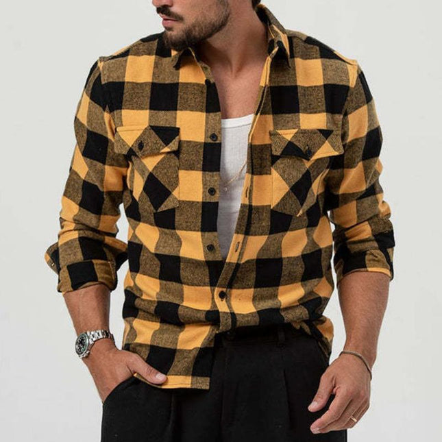 Men's Long Sleeve Plaid Lapel Dress Shirt | Casual Pocket Design | Blended Fabric | Regular Fit | Suitable for All Seasons