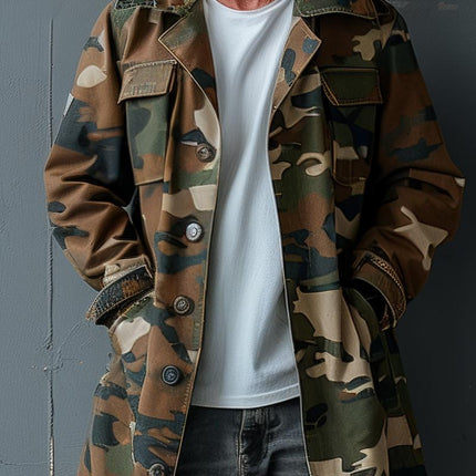 Men's Camouflage Trench Coat | Lapel Collar | Single Breasted | Mid-Length | Cargo Pockets | Durable Fabric | Adjustable Cuffs & Waist | Weather-Resistant | Outdoor Jacket | Sizes S to XXXL