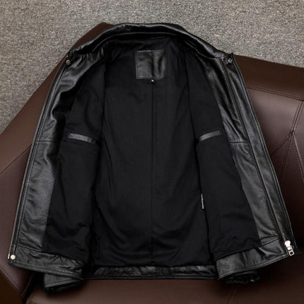 Men's Premium Vintage Leather Jacket | Lapel Collar | Long Sleeve | Double Chest Pockets | Genuine Leather | Solid Color with Distressing | Hip-Length | Regular Fit | Perfect for Fall, Winter, and Spring