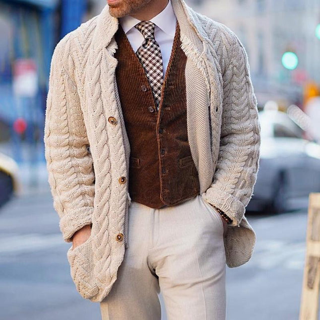 Men's Vintage Cable Knit Stand Collar Cardigan | Single Breasted Button Closure | High Quality Knit | Long Sleeve Loose Fit | Classic Style for Spring, Fall, Winter | Versatile Daily Wear Sweater
