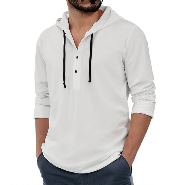 Men's Solid Button Hooded Shirt | Long Sleeve | Casual Fit | Soft Cotton Blend | Hooded Neckline | Versatile Layering | Lightweight Comfort | Machine Washable | Ideal Spring & Fall Top