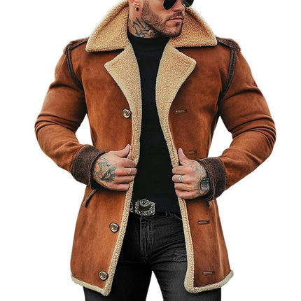 Men's Mid-Length Fleece Suede Casual Coat | Single Breasted | Suede Lapel Collar | Long Sleeve Outerwear | Warm & Stylish | Versatile Design | Soft & Durable Fabric | Available in Sizes M to 4XL | Classic Men's Jacket