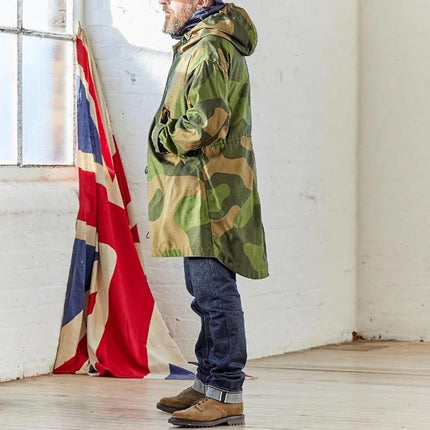 Men's Camouflage Hooded Trench Coat | Durable Cotton Blend | Single Breasted | Adjustable Waist | Military Green | Windbreaker | Front Pockets | Classic Fit | Weather Resistant | Styling Outerwear