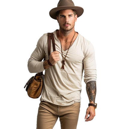 Men's V-neck Slim Fit Long Sleeve T-Shirt | Casual Cotton Top | Breathable Fabric | Stylish Solid Color | Perfect Layering Piece | Comfortable Everyday Wear