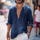 Men's Long Sleeve V-Neck Button Down Shirt | Vintage Style | Solid Color | Regular Fit | Cotton Linen Blend | Casual Smart Casual | Fall Winter Spring Wear | Comfortable Durable |
