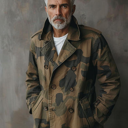 Men's Camouflage Trench Coat | Lapel Collar | Double Breasted | Mid-Length | Cargo Pockets | Durable Fabric | Long Sleeves | Adjustable Cuffs | Sizes S-XXXL