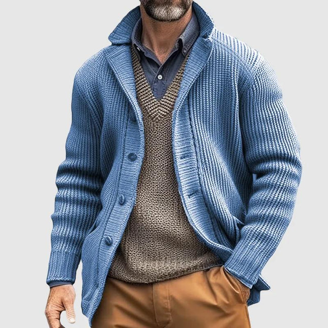 Men's Knit Cardigan | Solid Color | Lapel Collar | Single Breasted | Dual Side Pockets | Horn Buttons | High-Quality Knit Fabric | Tailored Fit | Warm and Comfortable | Light Blue | Outerwear