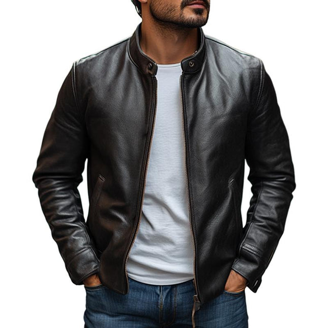 Men's Leather Jacket | Stand Collar | Slim Fit | Zipper Closure | Genuine Leather | Secure Pockets | Casual to Semi-Formal Wear | Comfortable Lining | Versatile Layering | Elevate Your Style