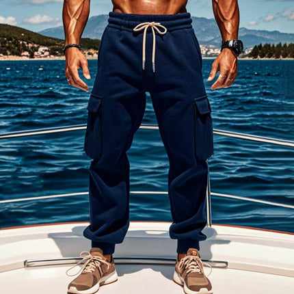 Men's Plush Elastic Waist Sports Pants | Solid Color | Multi-pocket Design | Comfort & Functionality | Sizes Small to XXXL | Versatile Activewear | Soft & Cozy Fabric