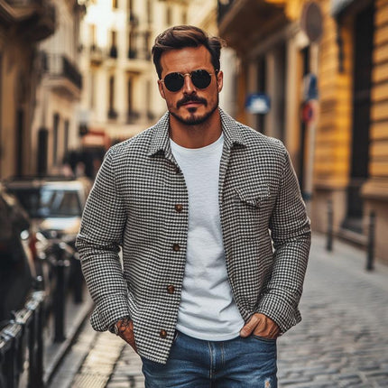 Men's Houndstooth Shirt Jacket | Vintage Lapel Design | Single Breasted Closure | Classic Outerwear | Versatile Layering | Stylish and Practical | Casual & Semi-Formal Wear | Comfortable Fit | Functional Pockets