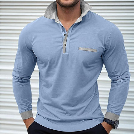 Men's Long Sleeve Colorblock Polo Shirt | Lapel Collar | Soft Cotton Blend | Modern Casual & Smart-Casual Wear | Versatile Hip-Length Design | Comfortable Regular Fit | Classic Button Placket | Durable Finish