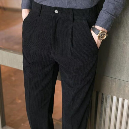 Men's Corduroy Straight Fit Suit Pants | Mid-Rise Waist | Full-Length | Soft Solid Color | Business Casual or Semi-Formal Outings | Warm Fall Winter Trousers | Versatile Styling with Shirts and Jackets