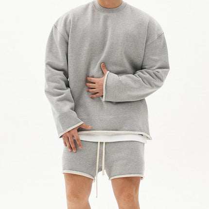 Men's Casual Loose Fit Sweatshirt & Shorts Set | Solid Color | Cotton Pullover | Autumn Winter Spring | Mid Waist | Short Pants | Long Sleeve