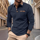 Men's Long Sleeve Polo Shirt | Checked Stitching Design | Casual Lapel Collar | Soft Breathable Fabric | Smart-Casual Versatile Style