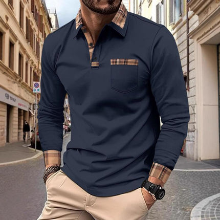 Men's Long Sleeve Polo Shirt | Checked Stitching Design | Casual Lapel Collar | Soft Breathable Fabric | Smart-Casual Versatile Style