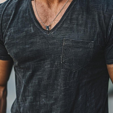 Men's Casual V-neck T-shirt | Heavy Duty Washed Distressed Design | Short Sleeve | Cotton Blend Fabric | Stylish and Comfortable | Versatile Wardrobe Essential | Perfect for Everyday Wear