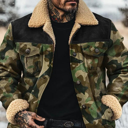 Men's Camouflage Suede Jacket | Fleece Lapel | Single Breasted | Stylish Outerwear | Casual & Formal | Warmth & Comfort | Long Sleeve