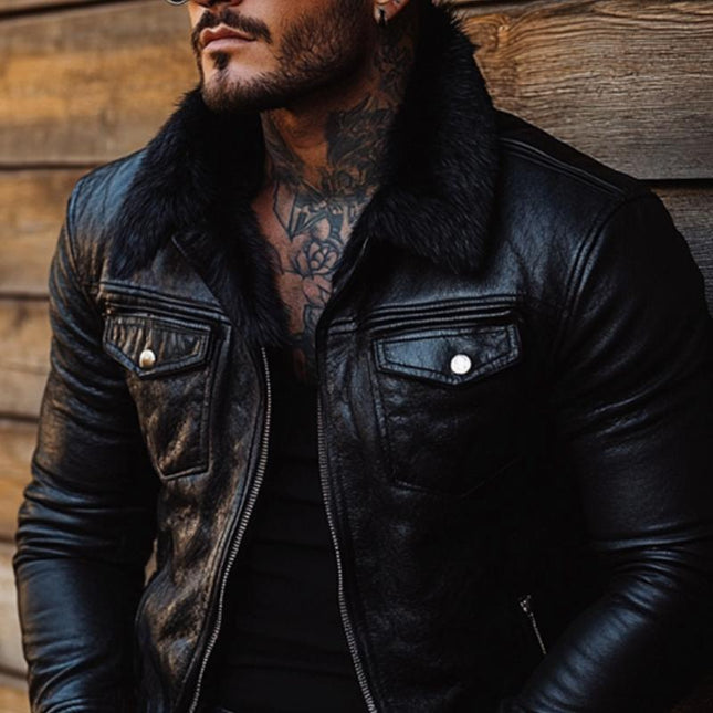 Men's Leather Jacket | Vintage Style | Detachable Fur Collar | Tailored Fit | Premium Leather | Long Sleeves | Multiple Pockets | Zipper Closure | Hip-Length | Solid Color | Casual & Semi-Formal Outerwear