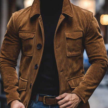 Men's Suede Jacket | Vintage Lapel Design | Multi-Pocket | Loose Fit | Premium Suede Fabric | Casual Outerwear for Men | Button & Zipper Closure | Durable & Stylish | Versatile Layering | Comfortable & Practical