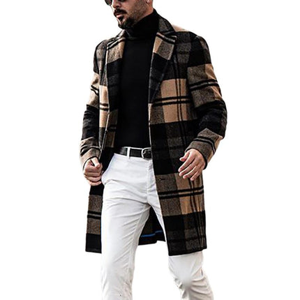 Men's Wool-Blend Mid-Length Plaid Coat | Vintage-Inspired Classic Outerwear | Stylish Notch Lapel | Warm Autumn Winter Jacket | Regular Fit | Button Closure | Long Sleeve | Timeless Fashion For Layering