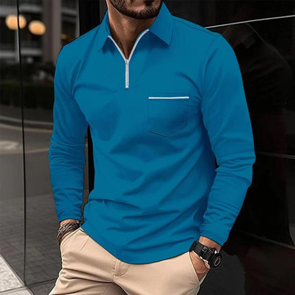 Men's Polo Shirt | Long Sleeve Lapel with Zipper | Solid Colors Breast Pocket | Versatile Casual and Semi-Formal Wear | Premium Comfortable Material