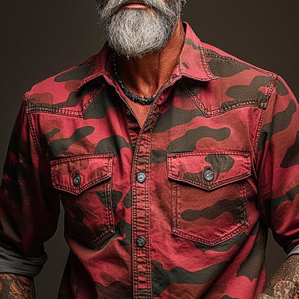 Men's Camouflage Print Cargo Shirt | Classic Lapel Collar | Long Sleeves with Buttoned Cuffs | Durable Cotton Blend | Regular Fit | Chest and Cargo Pockets | Front Button Closure | Sizes S-XXXL