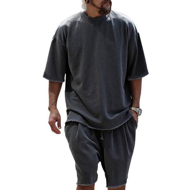 Men's Loose Fit Cotton Blend T-shirt and Shorts Set | Casual Fashion Activewear | Round Neck | Short Sleeve | Mid Waist | Spring Summer Autumn