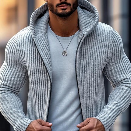 Men's Fashion Hooded Long Sleeve Knit Cardigan | Solid Striped Design | Mid-Length Casual Outerwear | Soft Cozy Fabric | Open Front | Versatile Layering | Sizes S to 3XL | Comfortable Relaxed Fit
