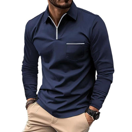 Men's Polo Shirt | Long Sleeve Lapel with Zipper | Solid Colors Breast Pocket | Versatile Casual and Semi-Formal Wear | Premium Comfortable Material