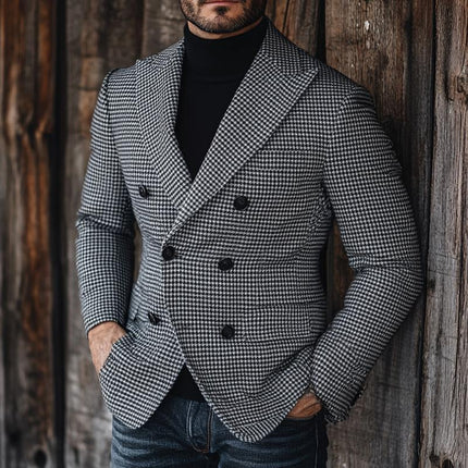 Men's Vintage Houndstooth Blazer | Double Breasted Wool Blend | Tailored Fit Formal Outerwear | Notched Lapel Collar | Classic Pattern | Full-Length Sleeves | Ideal for Fall & Winter | Sophisticated Style