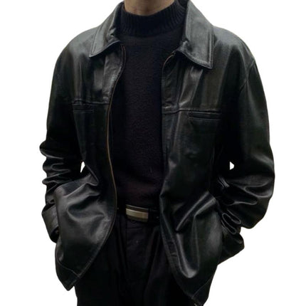 Men's Lapel PU Leather Jacket | Retro Casual Style | Solid Color | Regular Fit | Long Sleeve | Lightweight All Season Outerwear | Pocket Design | Multiple Sizes Available