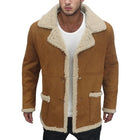 Men's Shearling Coat | Solid Color | Wide Shearling Collar | Suede-Like Fabric | Mid-Thigh Length | Relaxed Fit | Long Sleeves | Button Closure | Casual to Smart-Casual | Fall & Winter Essentials