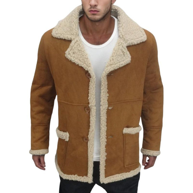 Men's Shearling Coat | Solid Color | Wide Shearling Collar | Suede-Like Fabric | Mid-Thigh Length | Relaxed Fit | Long Sleeves | Button Closure | Casual to Smart-Casual | Fall & Winter Essentials