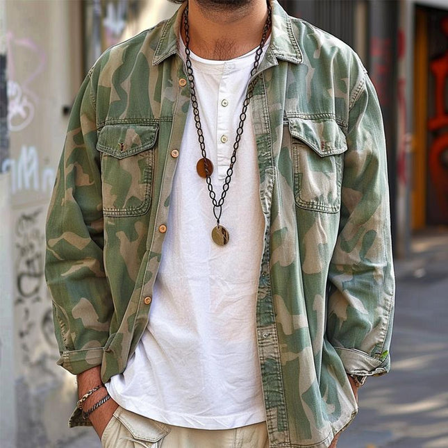Men's Camouflage Shirt Jacket | Lapel Collar | Breast Pockets | Long Sleeves | Regular Fit | High-Quality Fabric | Casual Outerwear | Versatile Style | Available in Multiple Sizes