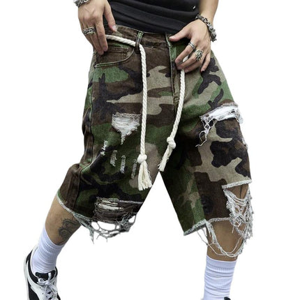 Men's Camouflage Slim Fit Cropped Trousers | Washed Ripped Distressed Design | Durable Cotton Spandex Blend | Vintage Soft Feel | Breathable Fabric | Casual Streetwear | Edgy Modern Style | Trendy Ankle Length