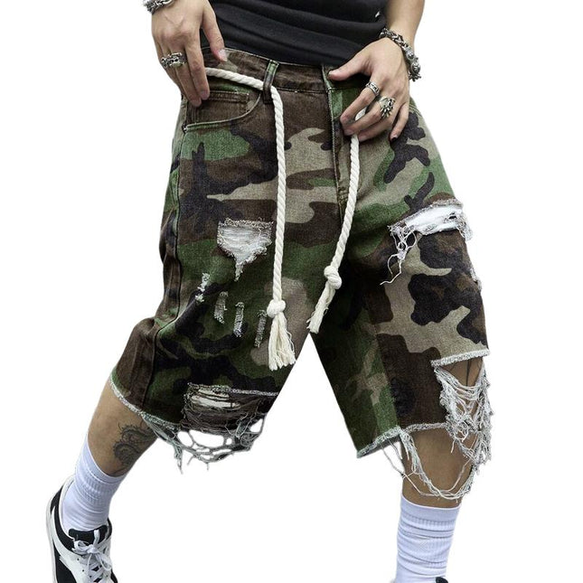Men's Camouflage Slim Fit Cropped Trousers | Washed Ripped Distressed Design | Durable Cotton Spandex Blend | Vintage Soft Feel | Breathable Fabric | Casual Streetwear | Edgy Modern Style | Trendy Ankle Length