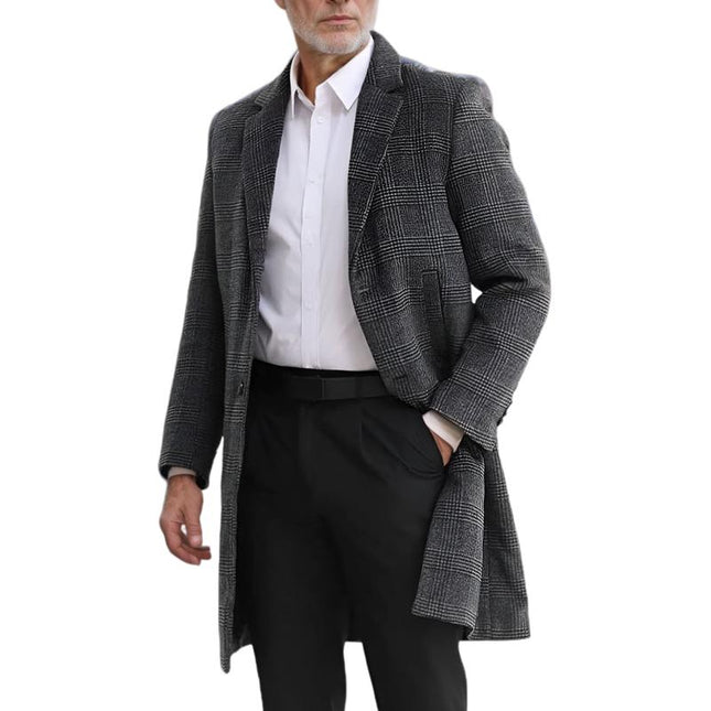 Men's Woolen Coat | Mid-length Plaid Design | Lapel Collar | Winter Outerwear | Warm and Stylish | Premium Fabric | Versatile Wardrobe Staple | Long Sleeve | Classic Elegant Look
